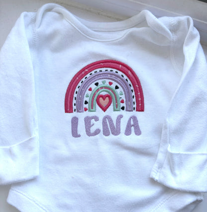 Custom rainbow applique embroidered baby grow by Rebel Needleworks - personalised baby gift UK