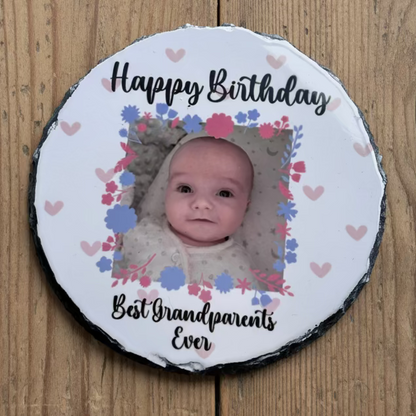 Personalised circular rock slate and stand by Rebel Needleworks - custom keepsake gift UK