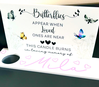 Custom memorial butterfly tealight holder by Rebel Needleworks - personalised remembrance UK