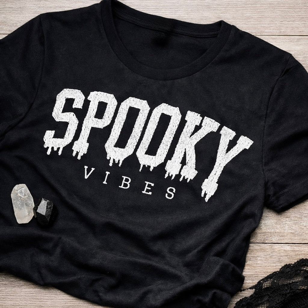 Custom spooky vibes embroidered tee by Rebel Needleworks - gothic Halloween alternative top UK