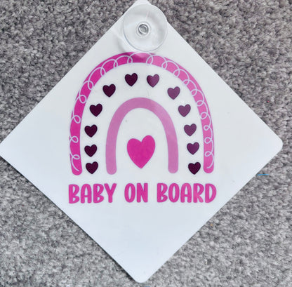 Custom boho rainbow car sign and sun shade by Rebel Needleworks - personalised baby car gift UK
