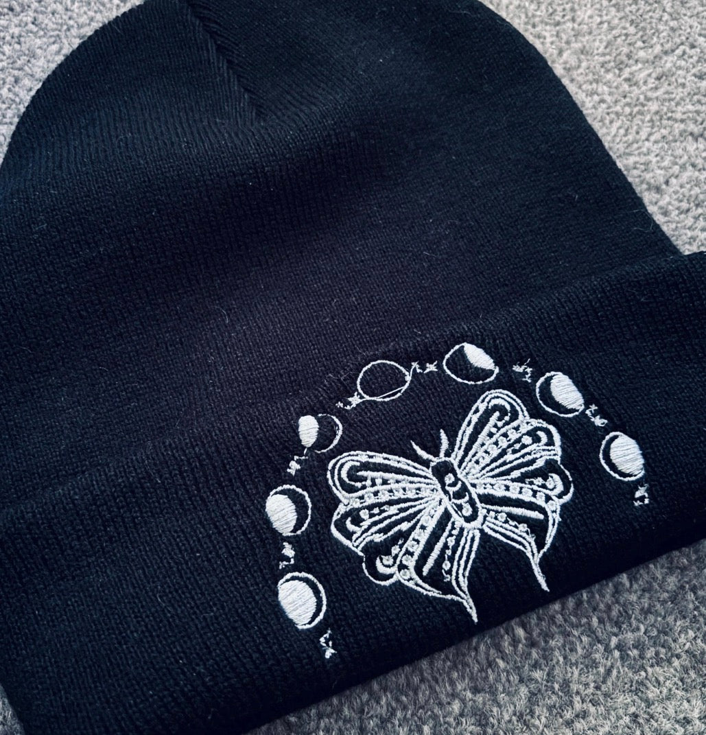 Embroidered moth and moon phases beanie hat by Rebel Needleworks - alternative gothic UK