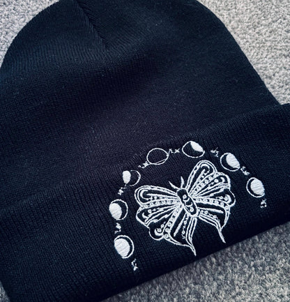 Embroidered moth and moon phases beanie hat by Rebel Needleworks - alternative gothic UK
