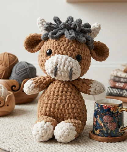 Handmade brown Highland Cow crochet plushie leaning against a wall in a minimal boho room.