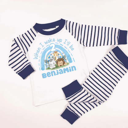 Custom boys birthday pyjamas by Rebel Needleworks - personalised when I wake up kids gift UK