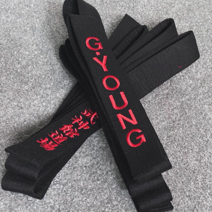 Personalised custom martial arts belt by Rebel Needleworks - embroidered karate judo belt UK