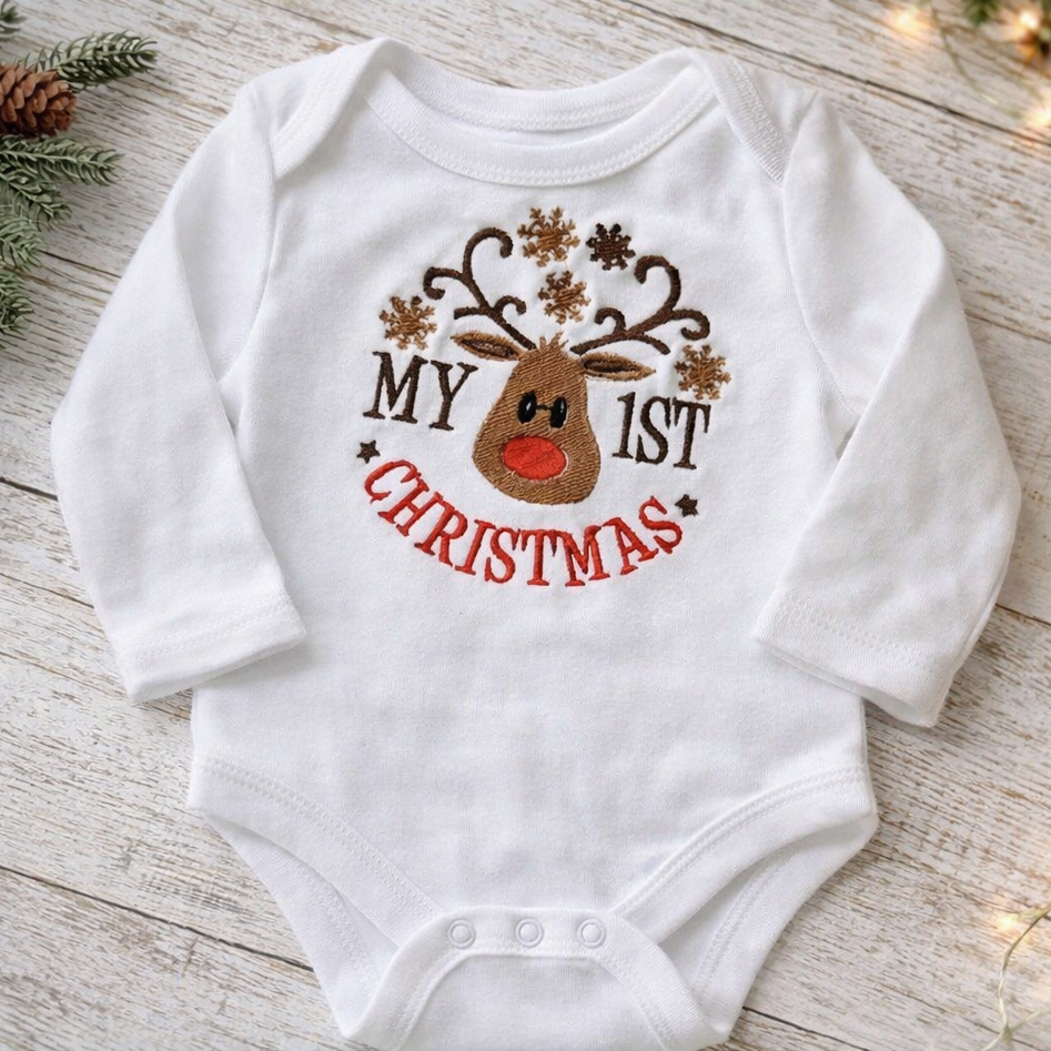 Reindeer 1st Christmas embroidered baby grow by Rebel Needleworks - personalised first Christmas baby gift UK