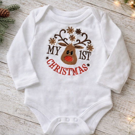 Reindeer 1st Christmas Embroidered Baby Grow