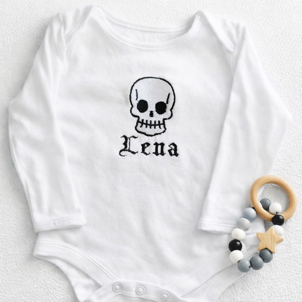Skull personalised embroidered baby wear by Rebel Needleworks - gothic alternative baby gift UK