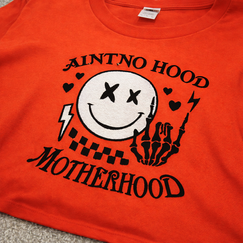 Custom ain't no hood like motherhood embroidered tee by Rebel Needleworks - funny mum gift UK