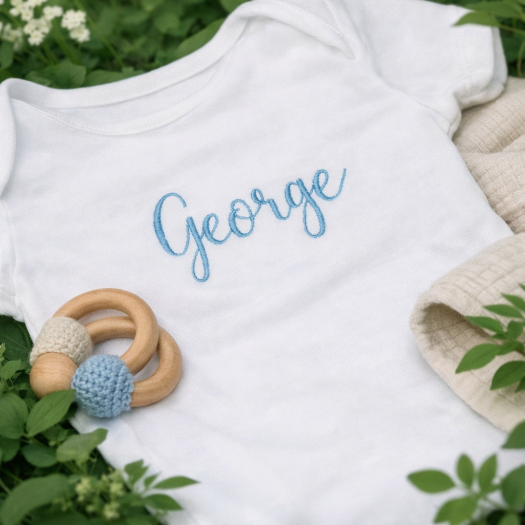 Embroidered name baby grow by Rebel Needleworks - personalised custom name newborn gift UK