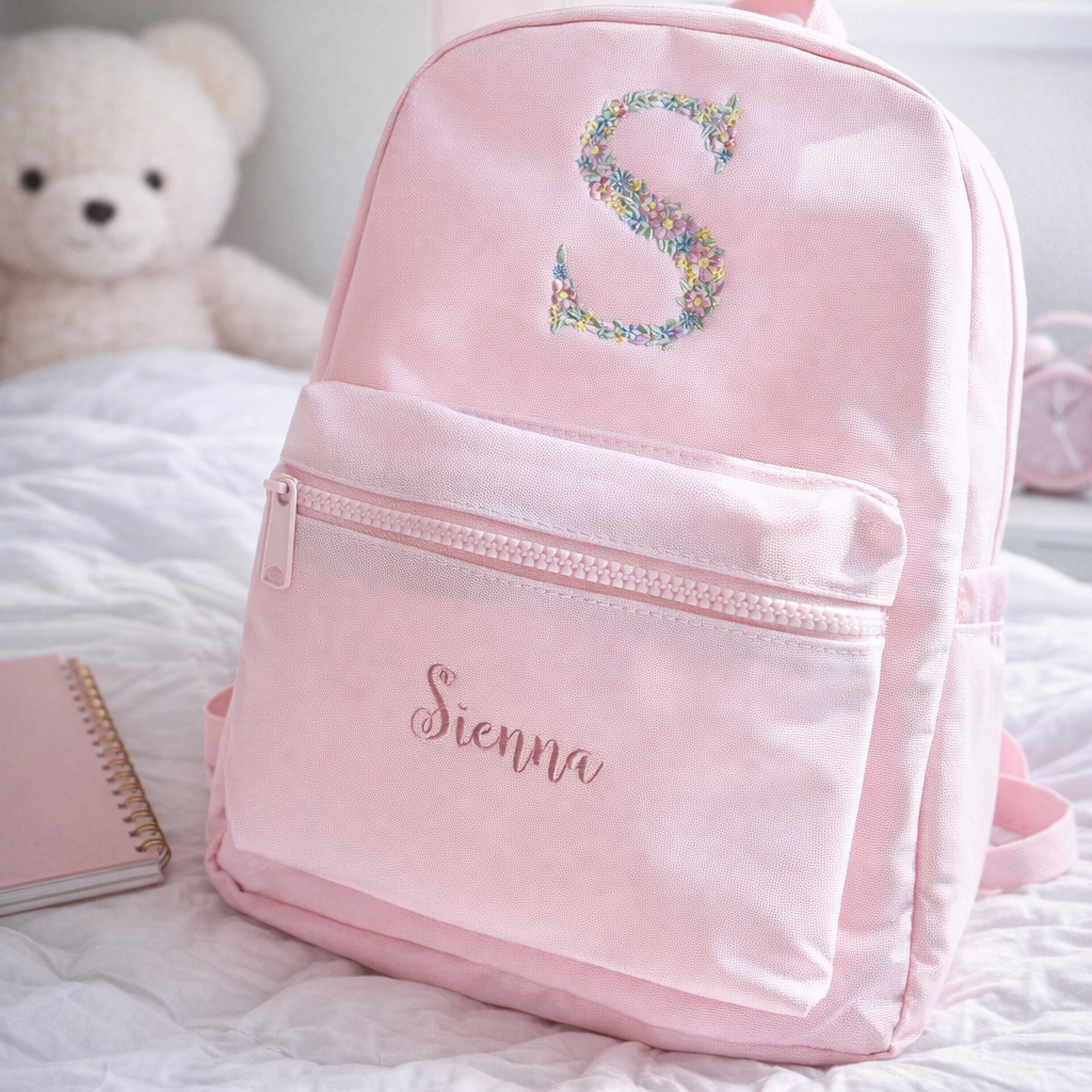 Personalised floral monogram embroidered nursery backpack by Rebel Needleworks - custom kids bag UK