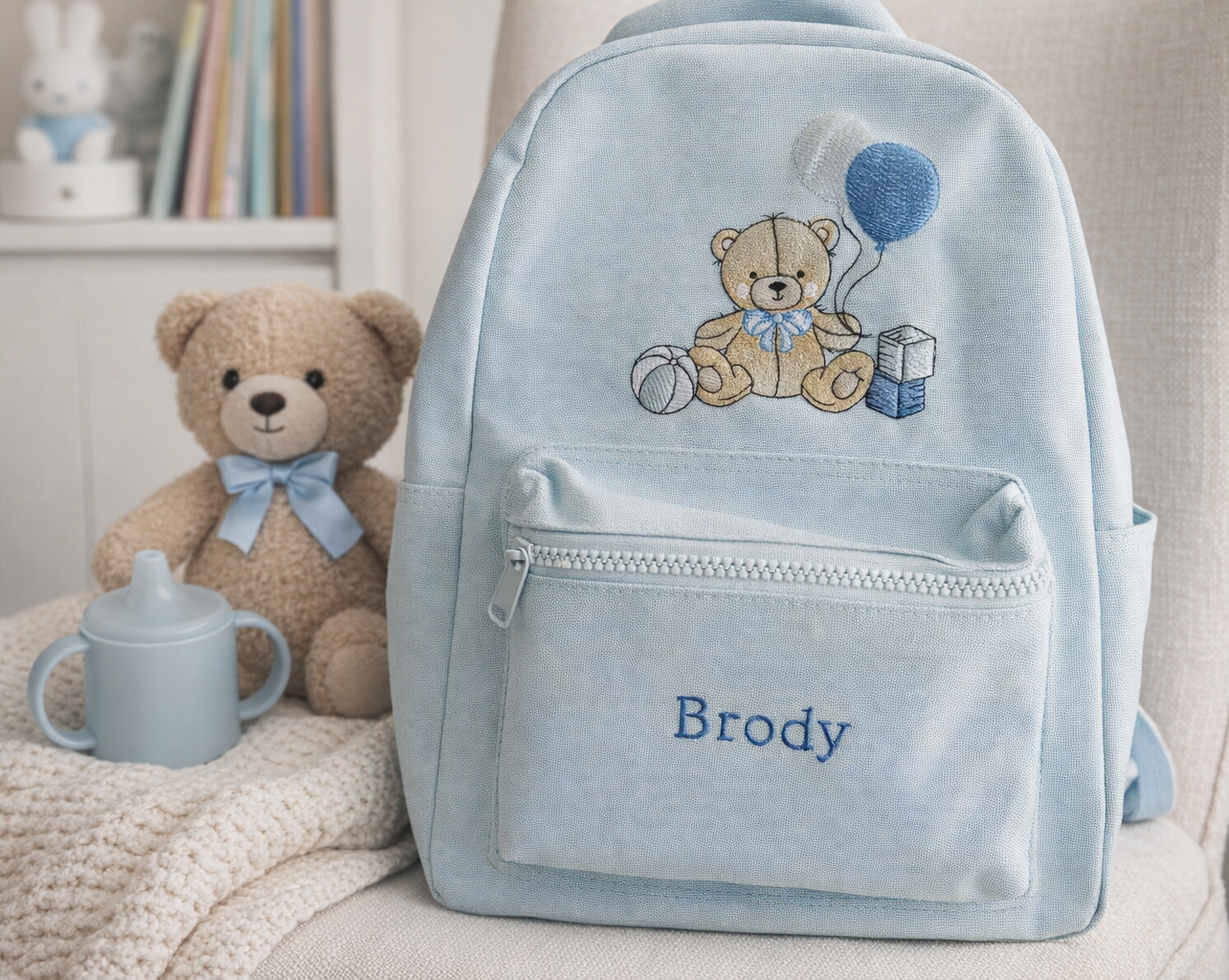 Kids custom name and image backpack by Rebel Needleworks - personalised children school bag UK