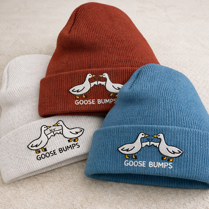 Custom goose bumps embroidered beanie by Rebel Needleworks - gothic alternative hat UK
