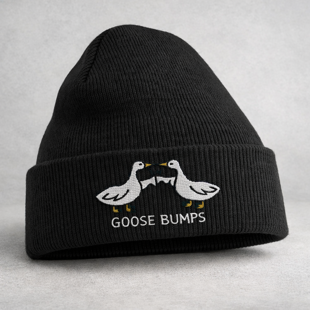 Goose bumps embroidered beanie hat by Rebel Needleworks - gothic alternative Halloween hat UK
