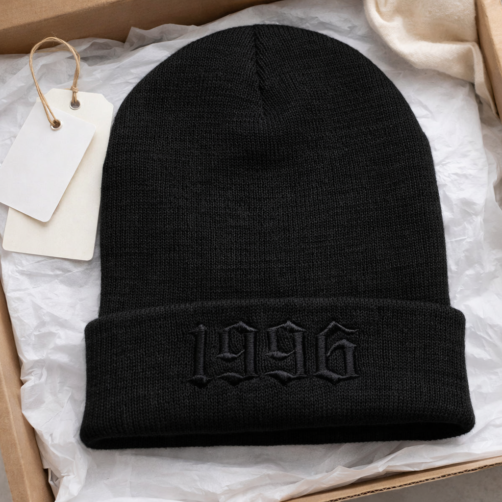 Custom year embroidered beanie by Rebel Needleworks - personalised year hat gift UK