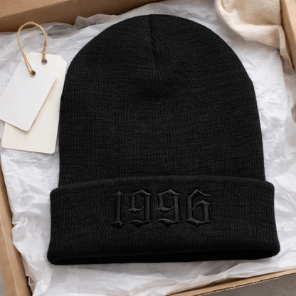 Custom year embroidered beanie by Rebel Needleworks - personalised year hat gift UK