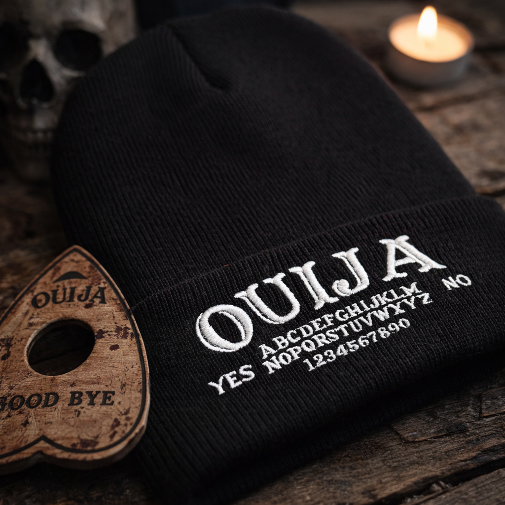 Ouija board embroidered cuffed beanie by Rebel Needleworks - gothic alternative occult hat UK