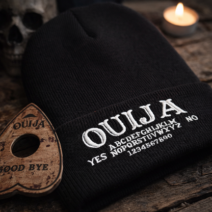 Ouija board embroidered cuffed beanie by Rebel Needleworks - gothic alternative occult hat UK