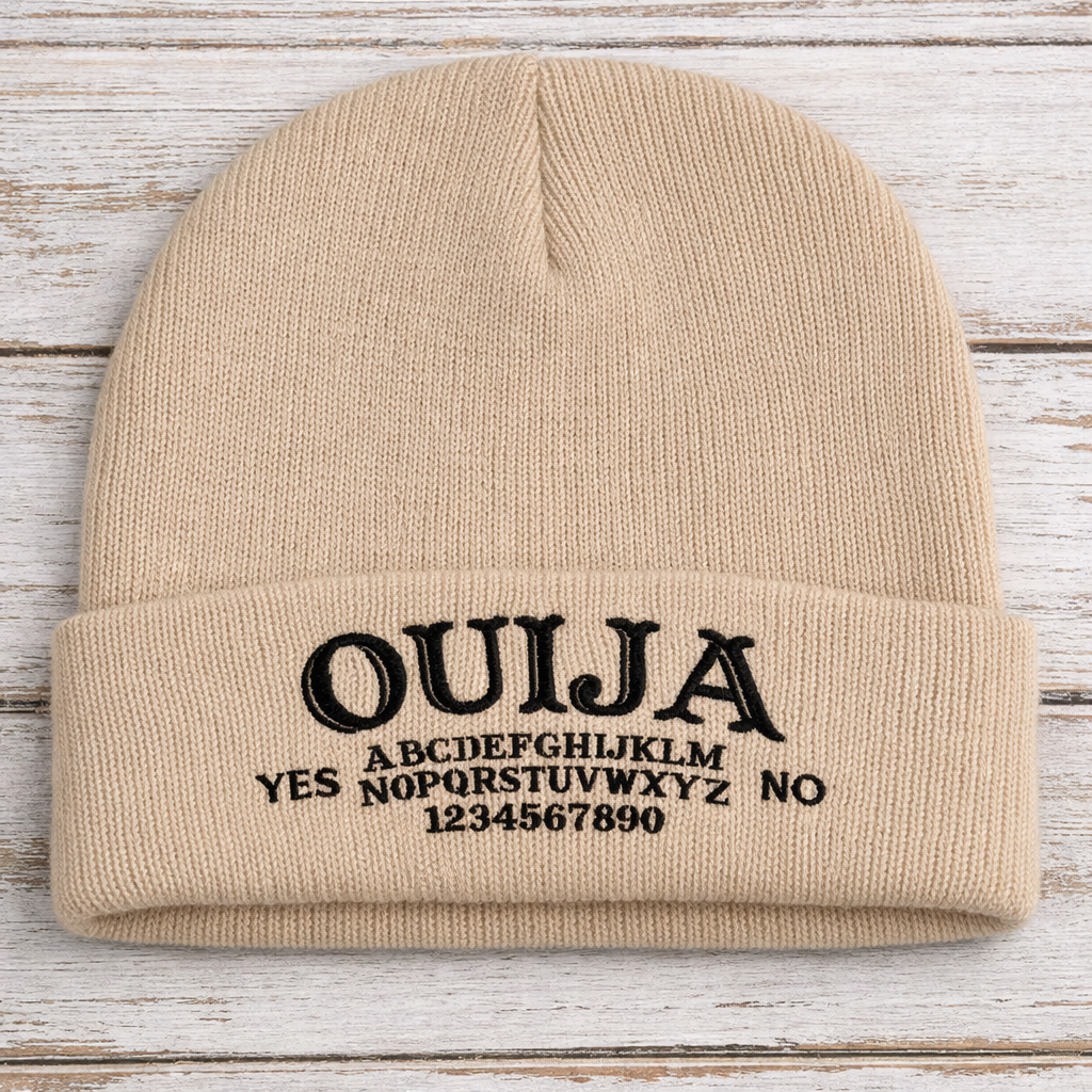 Custom ouija board embroidered beanie by Rebel Needleworks - gothic alternative hat UK