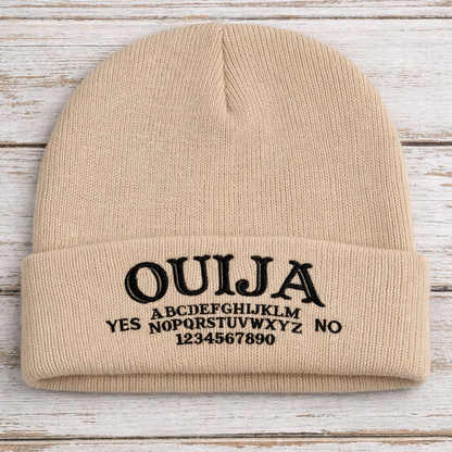 Custom ouija board embroidered beanie by Rebel Needleworks - gothic alternative hat UK