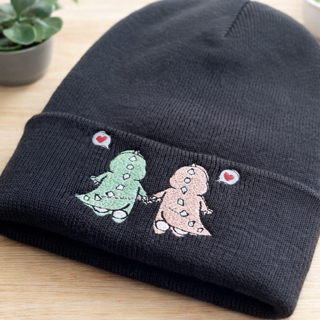 Kawaii dinosaurs embroidered beanie hat by Rebel Needleworks - cute alternative hat UK