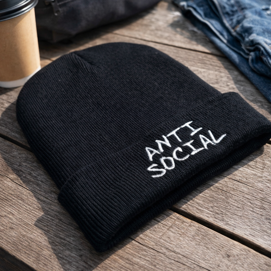 Anti social embroidered cuffed beanie by Rebel Needleworks - alternative gothic introvert hat UK
