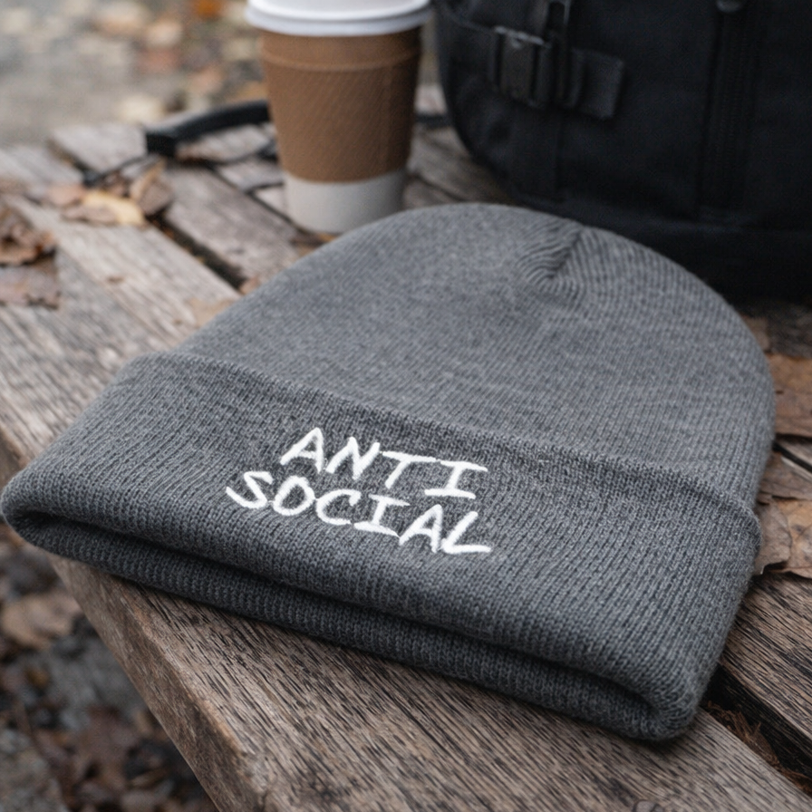 Custom anti social embroidered beanie by Rebel Needleworks - alternative gothic hat UK