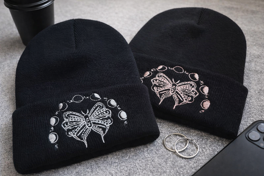 Moth and phases of the moon embroidered black beanie hat by Rebel Needleworks - alternative gothic hat UK