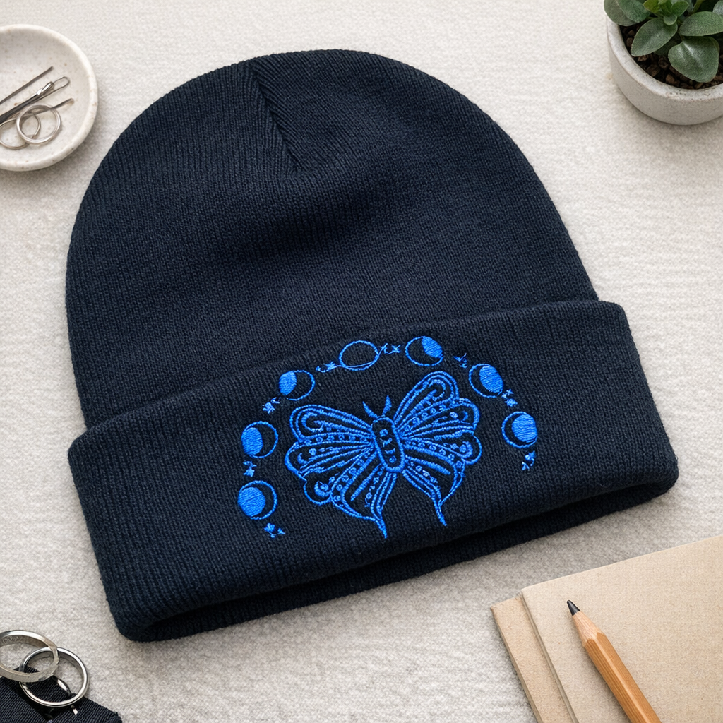Rebel Needleworks moth moon phases embroidered black beanie - gothic alternative hat UK