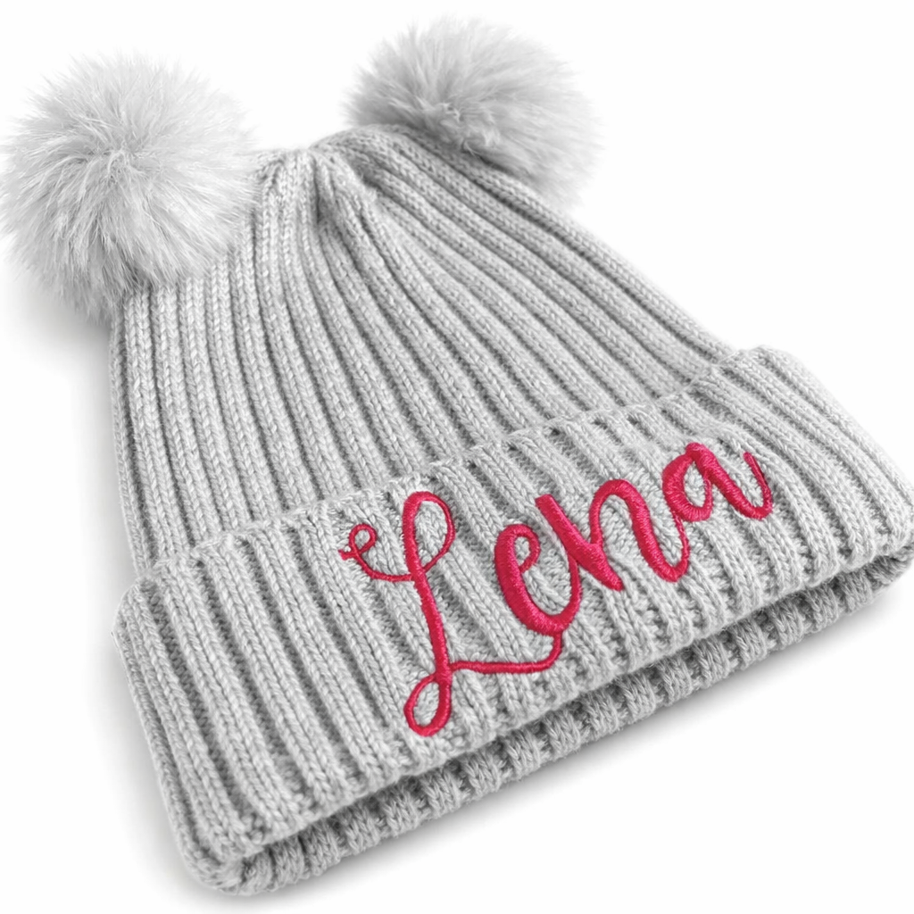Custom double pom pom embroidered beanie by Rebel Needleworks - personalised baby and kids hat UK