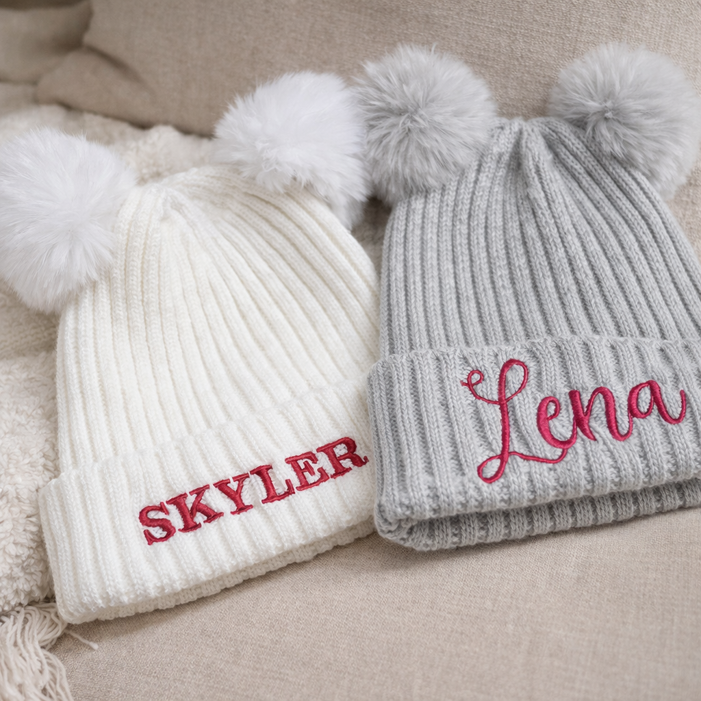 Personalised embroidered double pom pom beanie by Rebel Needleworks - custom name baby hat UK
