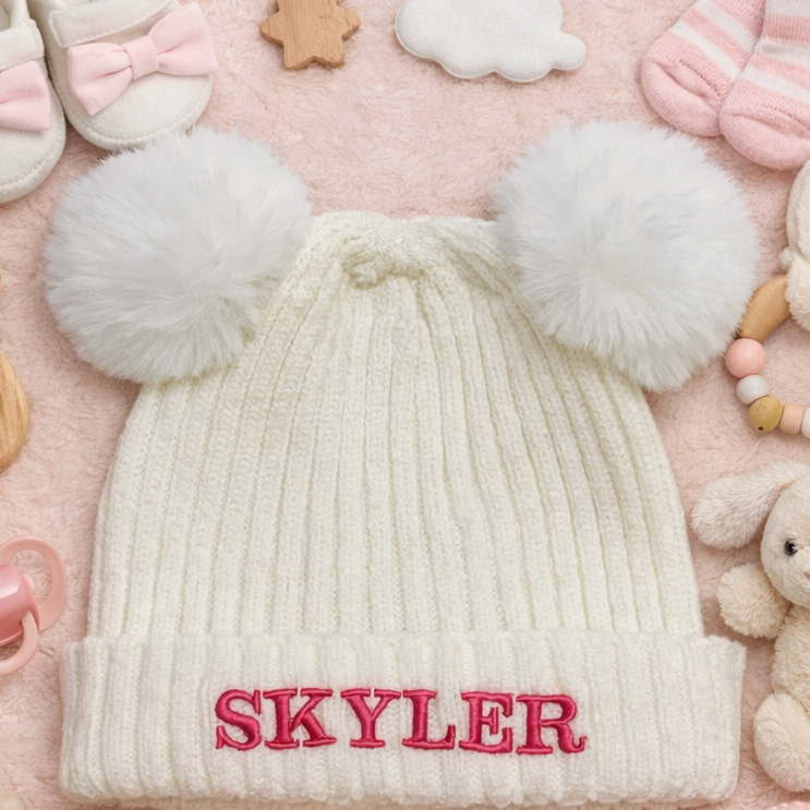 Rebel Needleworks personalised pom pom beanie hat - embroidered custom name baby gift UK