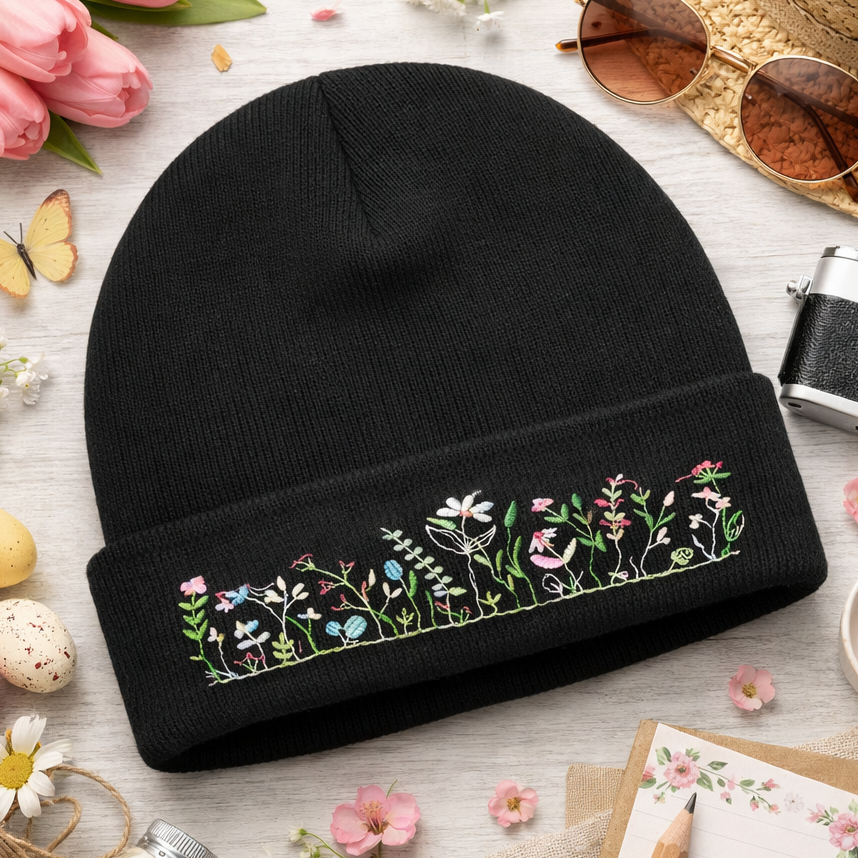 Wildflower embroidered black beanie hat by Rebel Needleworks - personalised floral beanie UK