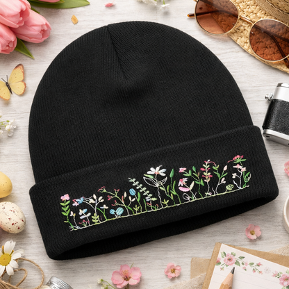 Wildflower embroidered black beanie hat by Rebel Needleworks - personalised floral beanie UK