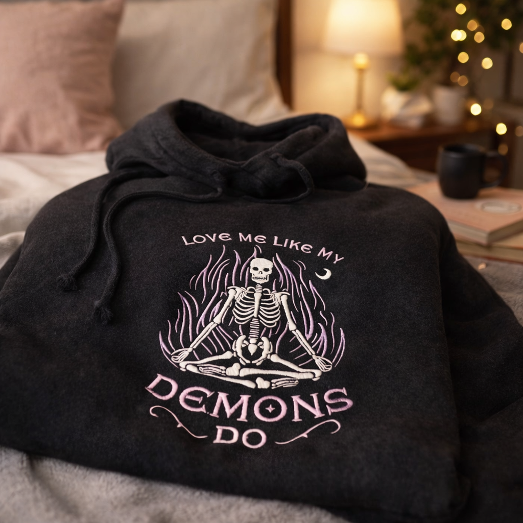 Gothic embroidered Love Me Like My Demons Do hoodie by Rebel Needleworks - alternative UK