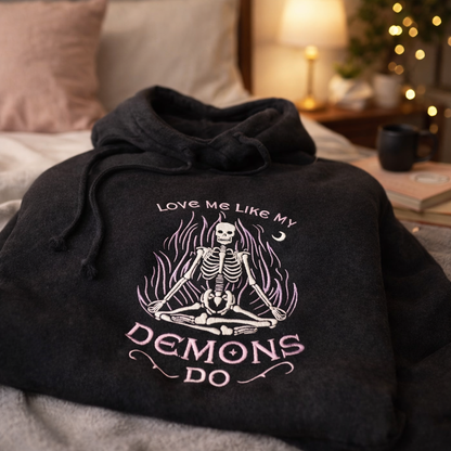 Gothic embroidered Love Me Like My Demons Do hoodie by Rebel Needleworks - alternative UK