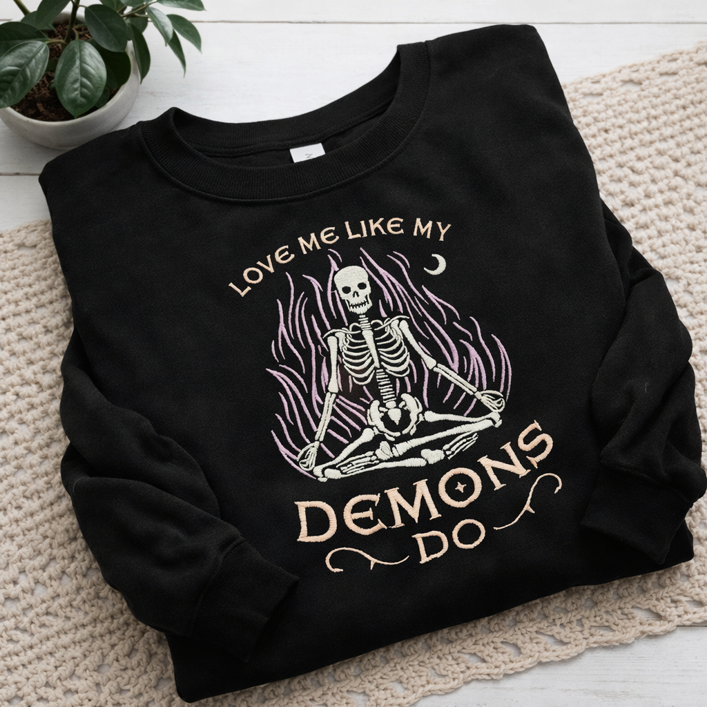 Love Me Like My Demons Do embroidered hoodie by Rebel Needleworks - gothic alternative clothing UK
