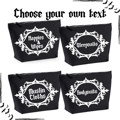 Personalised baby stuff bags in black by Rebel Needleworks - custom baby bag set UK