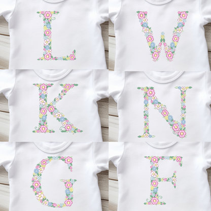 Kids floral letter embroidered t-shirt by Rebel Needleworks - personalised children initial top UK