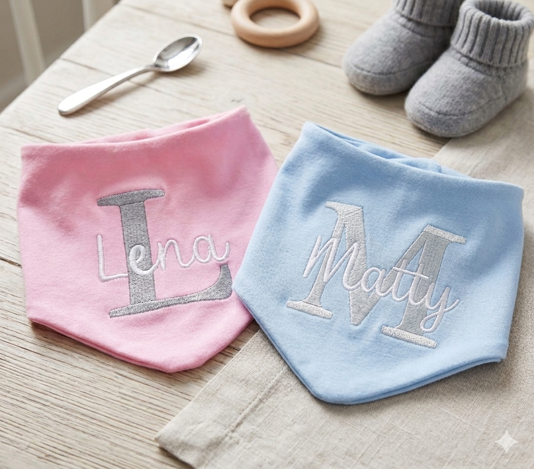 Embroidered baby bandana bib by Rebel Needleworks - personalised baby bib gift UK