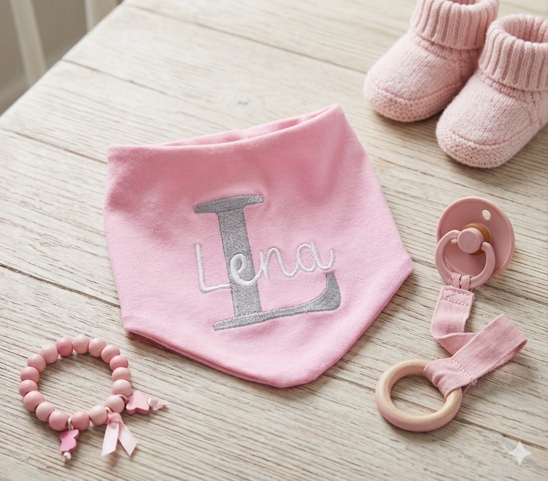 Custom embroidered bandana bib by Rebel Needleworks - personalised baby gift UK