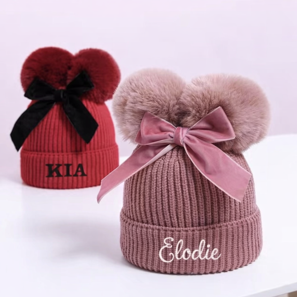 Baby & Kids Double Pom Pom Bow Embroidered Hat