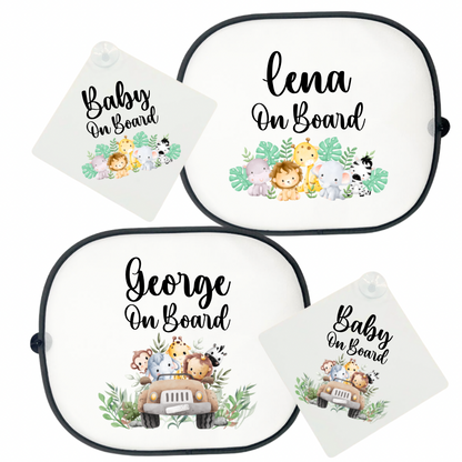 Jungle animal baby on board car sign and sun shade by Rebel Needleworks - personalised car gift UK