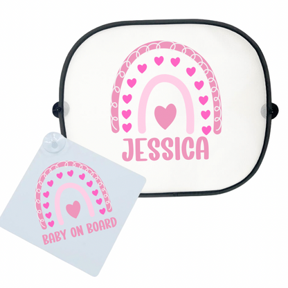 Rebel Needleworks boho rainbow baby on board car sun shade - personalised car accessory UK