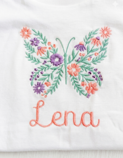Personalised Embroidered Kids Butterfly T-Shirt | Custom Name Children’s Cotton Tee