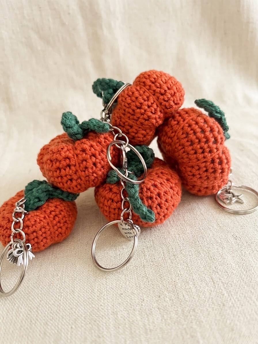 Handmade Crochet Pumpkin Keychain | Fall Bag Charm & Key Ring