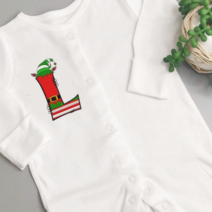 Elf letter embroidered sleepsuit by Rebel Needleworks - personalised Christmas baby gift UK
