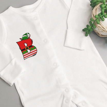 Rebel Needleworks elf letter embroidered baby sleepsuit - personalised Christmas gift UK