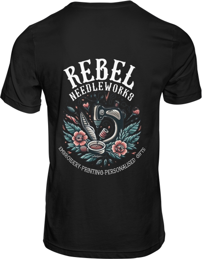 Rebel Needleworks black branded t-shirt - alternative gothic merchandise UK